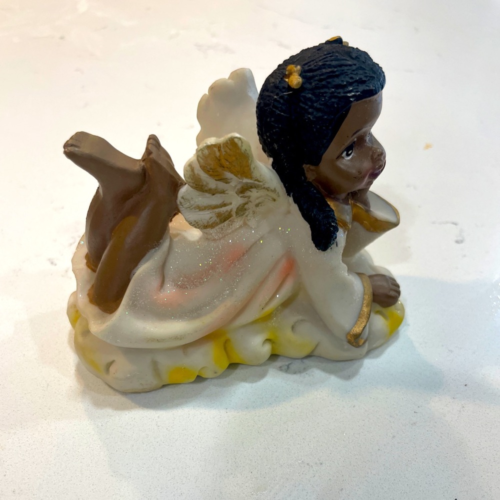 African American Angel Girl  on Cloud Hand to Cheek Ceramic 4 Inch Figurine